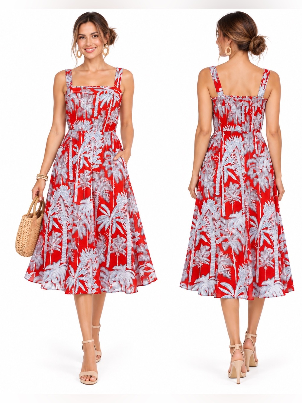 Talbots M Oasis Palm Voile Fit & Flare Midi Dress Red Palm-Print tropical cotton